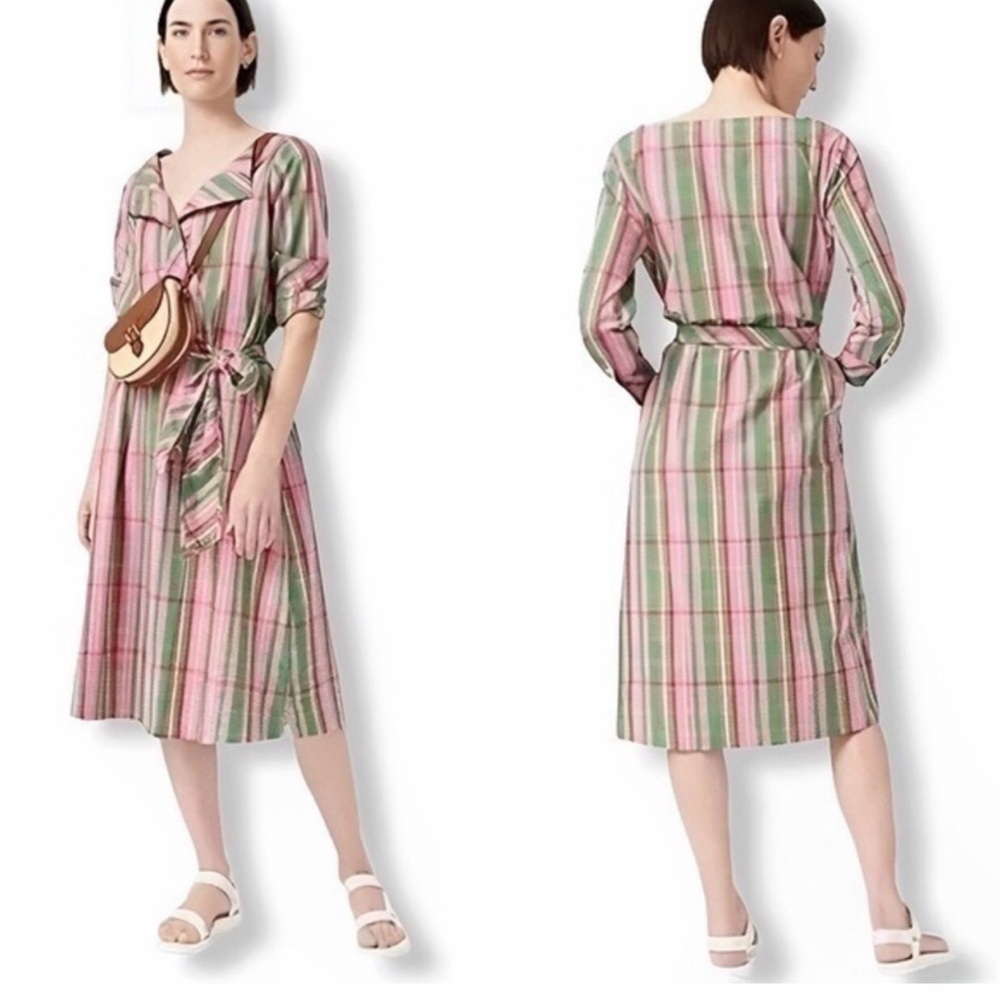J. Crew Pink Green Plaid Cotton Belted Shirt Midi Dress Size 4 Oversized